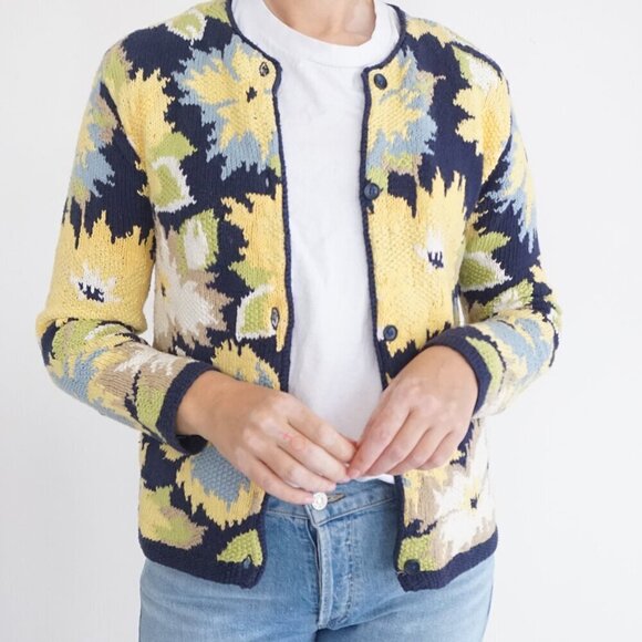 Vintage Susan Bristol Navy Yellow Knit Floral Button Up Cardigan Sweater S - Picture 2 of 10